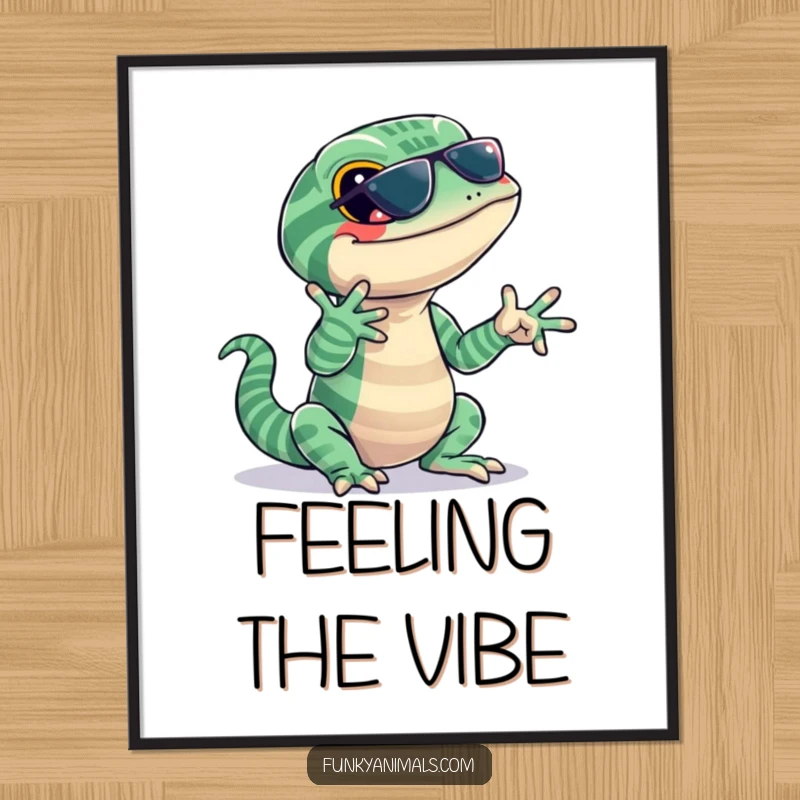 Funny lizard poster of a jazzy reptile with stripes, snapping its fingers to a beat, adding cool, rhythmic decor.