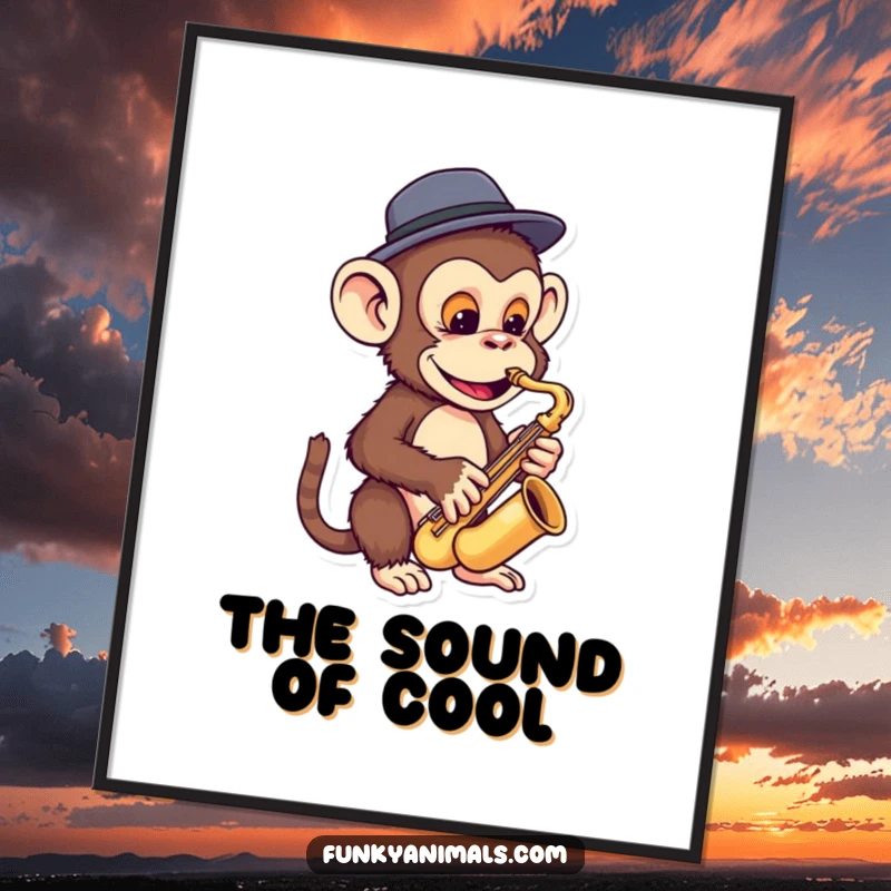Funny monkey poster of a cool ape in a tiny fedora playing a miniature saxophone, adding a jazzy, humorous touch.