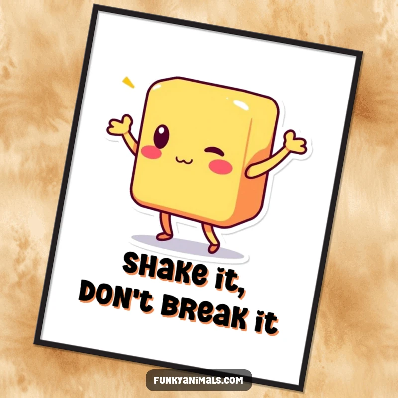 Funny poster depicting a colorful square block character in a dynamic, joyful shimmy dance pose.
