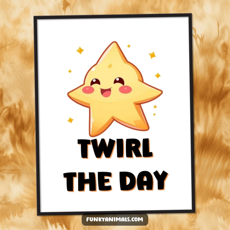 Funny sparkly orange star creature poster, vividly depicting a delightful spin, perfect for celestial and humorous decor.