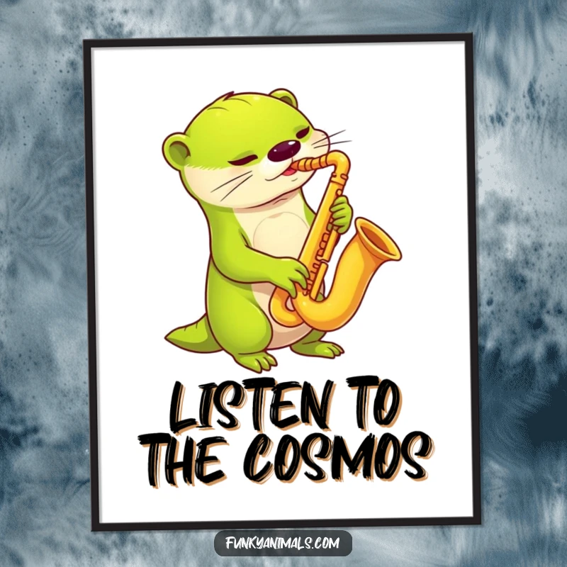 Funny alien otter saxophone poster artwork of a lime green alien otter playing a cool saxophone, radiating jazz.