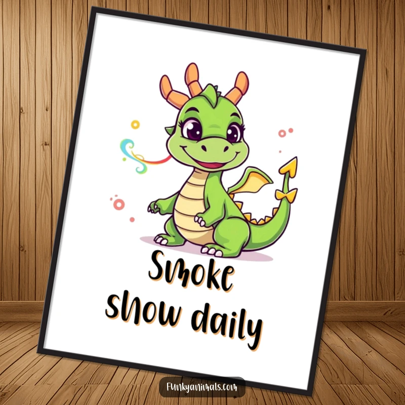 Funny green dragon poster showcasing a goofy-faced dragon exhaling a rainbow of smoke rings, perfect for whimsical decor.