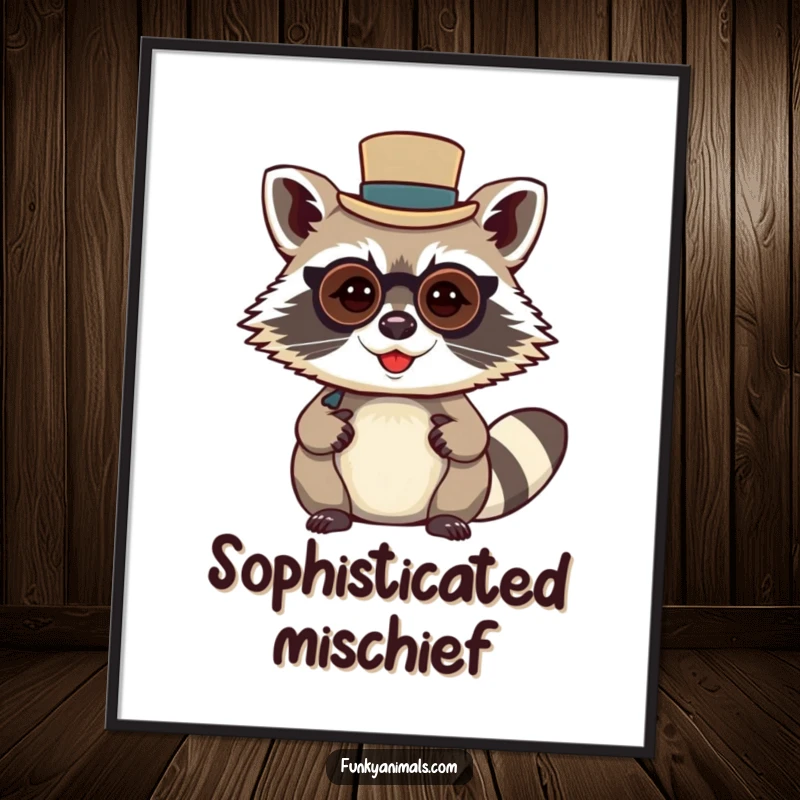 Funny raccoon gentleman poster artwork of a mischievous raccoon wearing a tiny top hat and monocle, adding dapper vibes.