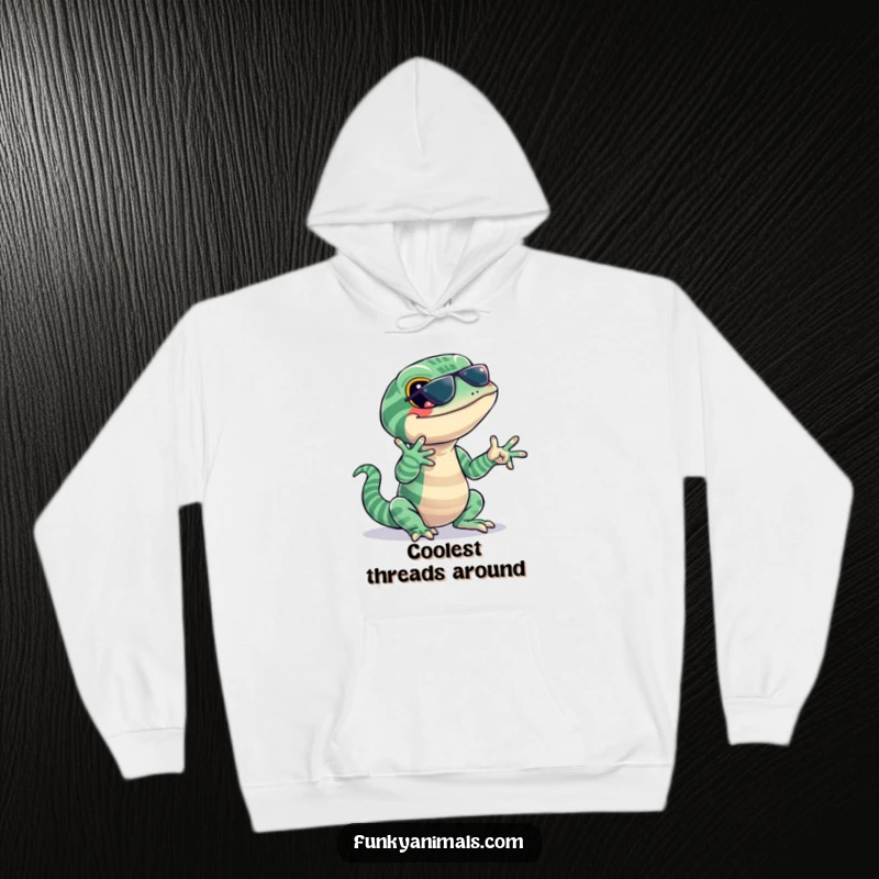 Funny lizard hoodie featuring a jazzy reptile with stripes, snapping its fingers to a beat, perfect for cozy, rhythmic relaxation.