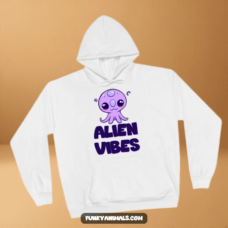 Funny hoodie featuring a three-eyed purple alien wiggling its tentacles, offering cozy warmth and a dose of otherworldly humor.