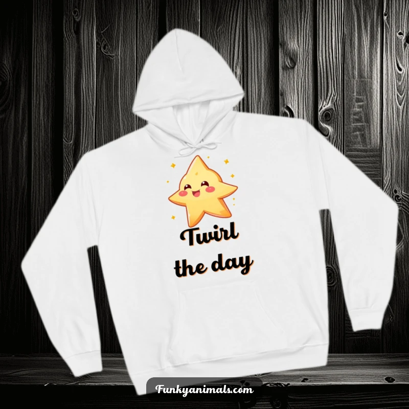 Funny sparkly orange star creature hoodie, depicting a delightful spin, offering warm and humorous celestial vibes.