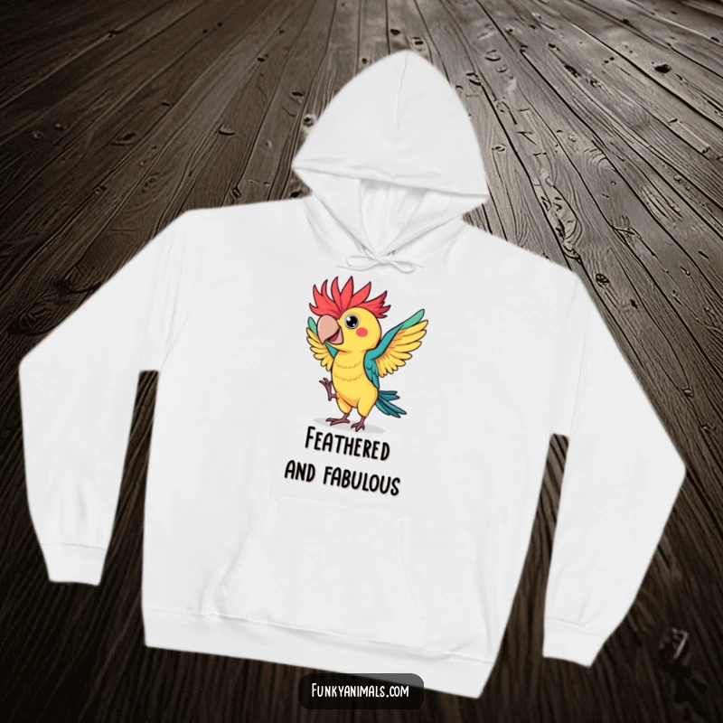 Funny parrot hoodie featuring a colorful bird with wild, spiky feathers caught in a hilarious flamboyant dance, perfect for cozy, joyful wear.