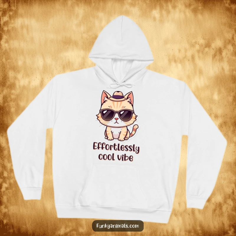 Funny Cool Cat Hoodie featuring a cat in sunglasses and a fedora, exuding effortless coolness and charm.