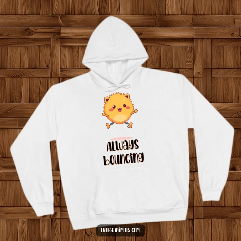 Funny fuzzy orange creature hoodie, creature with spring legs bouncing energetically, soft and humorous.