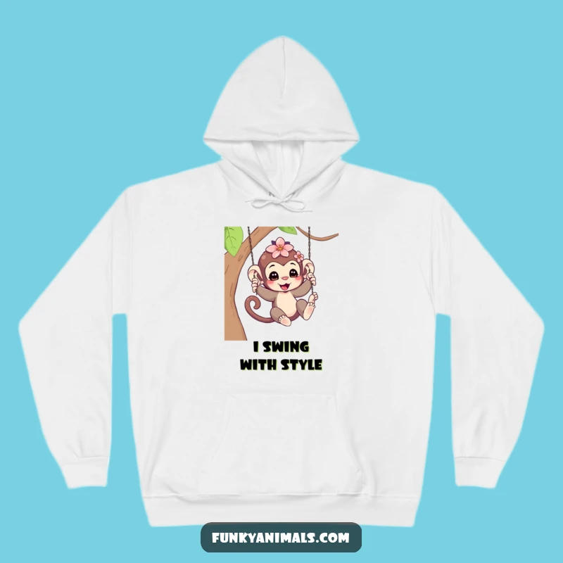 Funny Swinging Monkey Cub Hoodie - Flower Hair Comfort, Cozy Humorous Gift