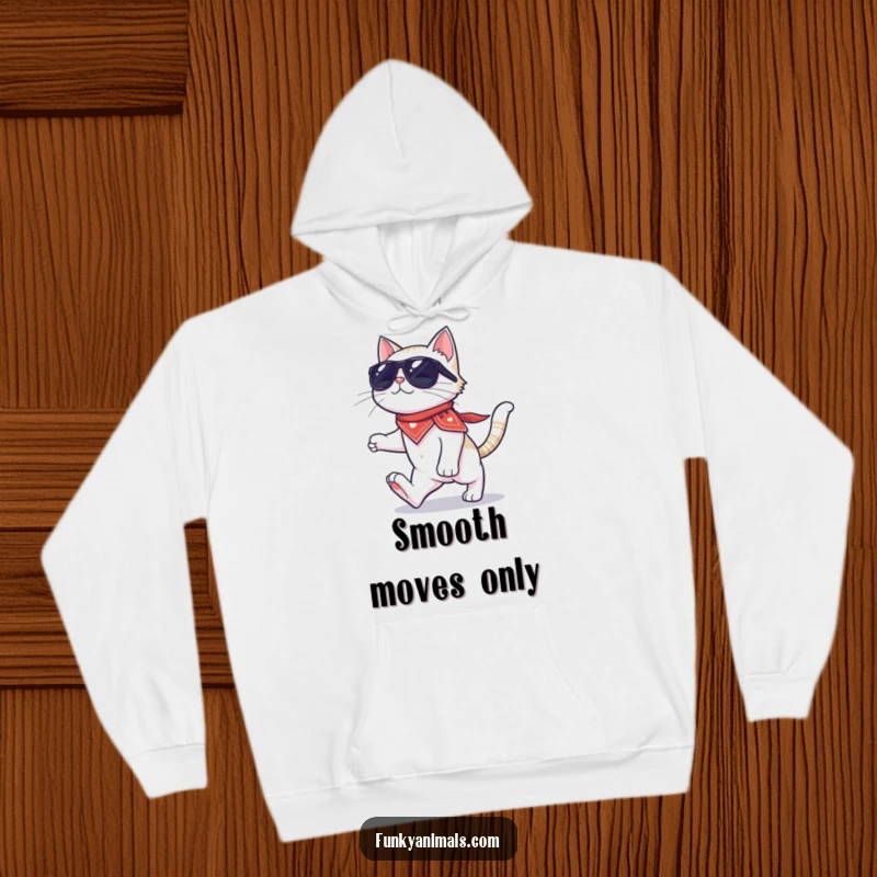 Funny cat hoodie featuring a cool cat with sunglasses and a bandana, moonwalking on four paws, ideal for cozy, stylish comfort.