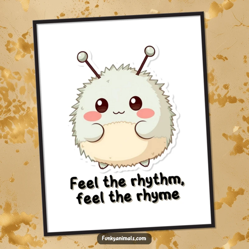 Funny Free Printable Wall Art: A fuzzy, round creature with antennae bopping rhythmically, radiating cheerful energy.
