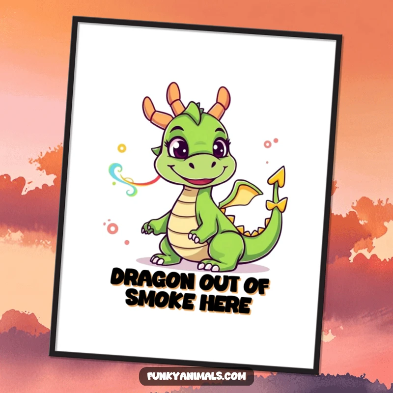 Funny Free Printable Wall Art: Goofy green dragon breathing colorful smoke rings, whimsical downloadable decor for any space.