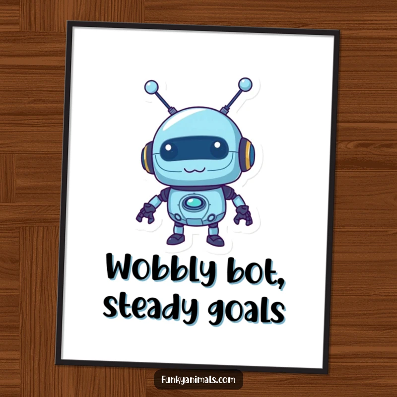 Funny Free Printable Wall Art: Mischievous blue robot with wobbly antennas, quirky downloadable decor for a playful room.