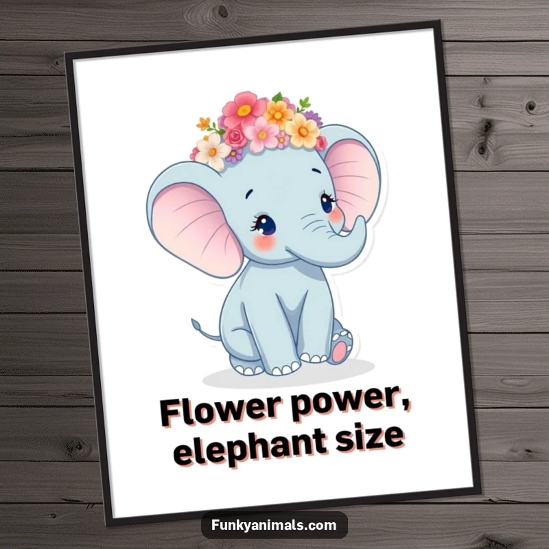 Funny Free Printable Wall Art: An elephant wearing a vibrant flower crown, caught in a joyful twirl, radiating happiness.
