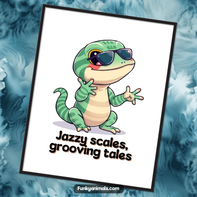 Funny Free Printable Wall Art: A jazzy lizard with striking stripes snaps its fingers with energetic, cool rhythm.