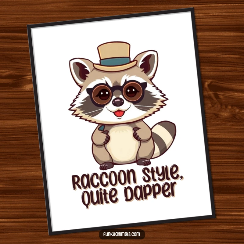 Funny Free Printable Wall Art: Mischievous raccoon wearing a tiny top hat and monocle, looking distinguished. A humorous, downloadable art piece.