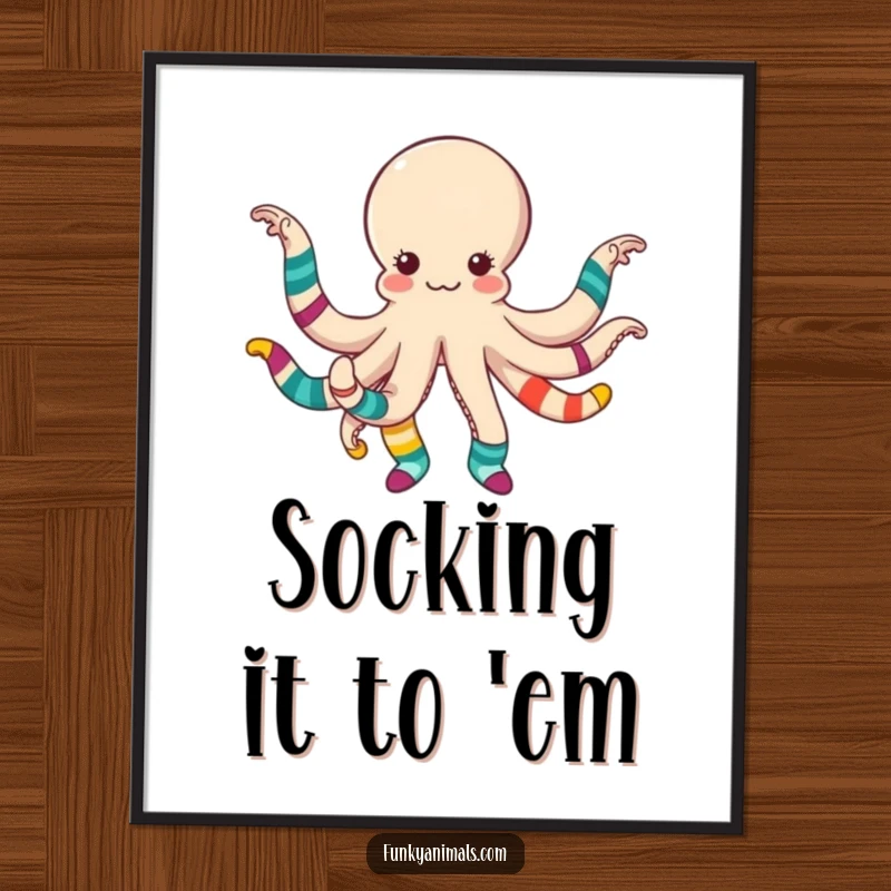 Funny Free Printable Wall Art: An octopus performs an energetic dance, its tentacles covered in a wild array of mismatched colorful socks.