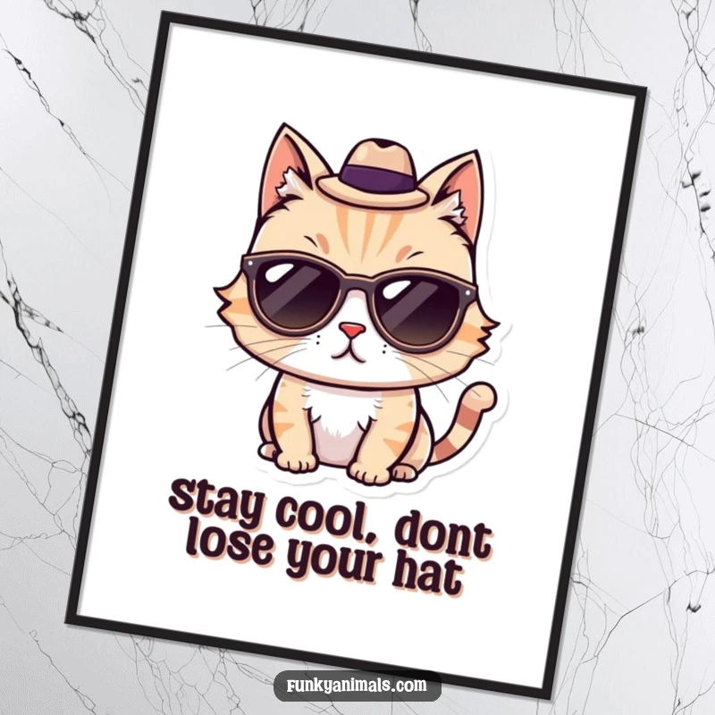 Funny Free Printable Wall Art: A cool cat character wearing sunglasses and a tiny fedora, looking incredibly hip and stylish.