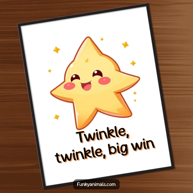 Funny Free Printable Wall Art: Sparkly orange star creature spinning with delight, a vibrant downloadable decor piece.