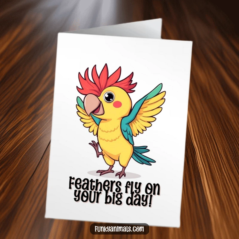 Funny Free Printable Birthday Card: A colorful parrot with spiky feathers flamboyantly dancing like a feathered fiesta star.