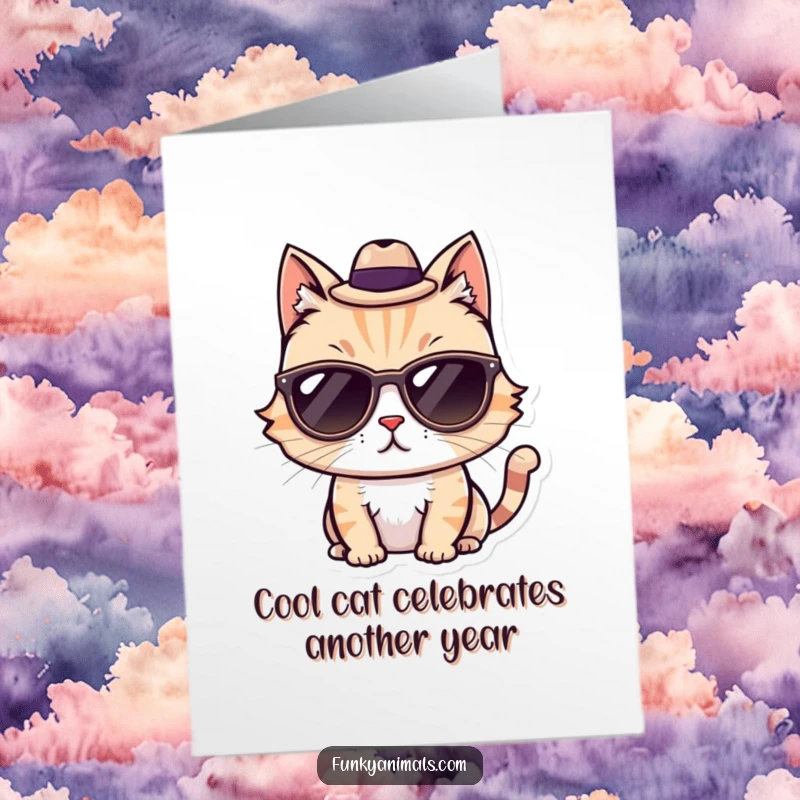 Funny Free Printable Birthday Card: A cool cat in sunglasses and a fedora, exuding suave confidence and party-ready style.
