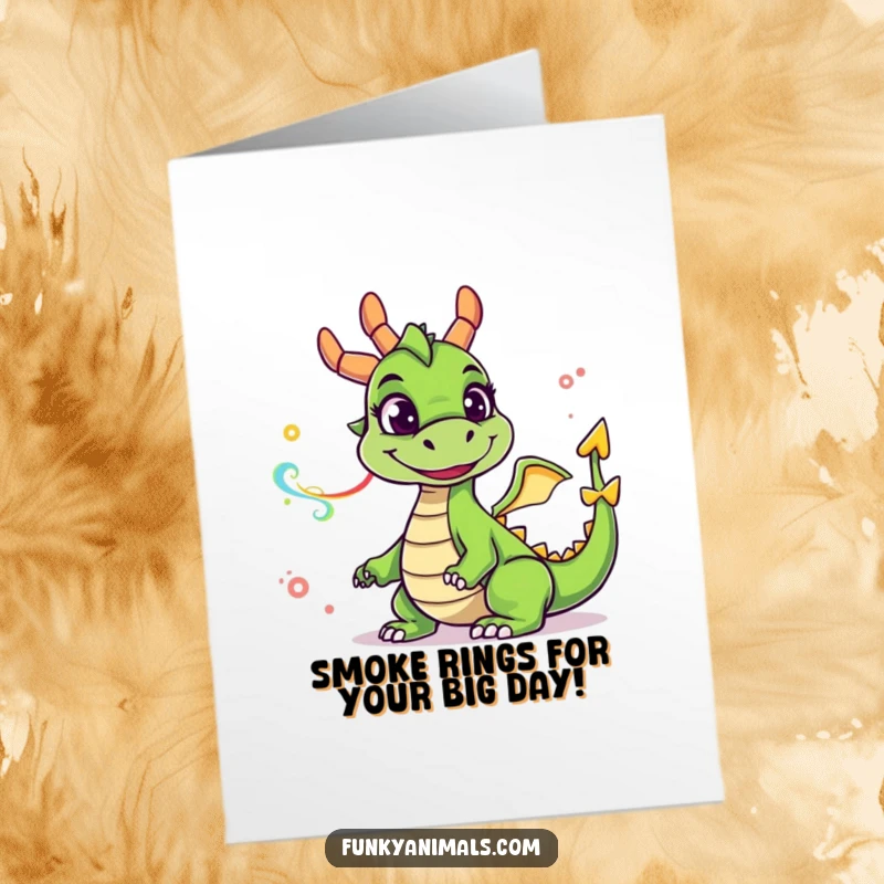 Funny Free Printable Birthday Card: Green dragon with goofy smile blowing colorful smoke rings, perfect for a downloadable gift.