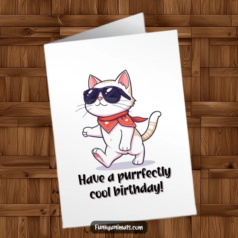 Funny Free Printable Birthday Card: A cool cat wearing sunglasses and a bandana moonwalks smoothly on four paws.