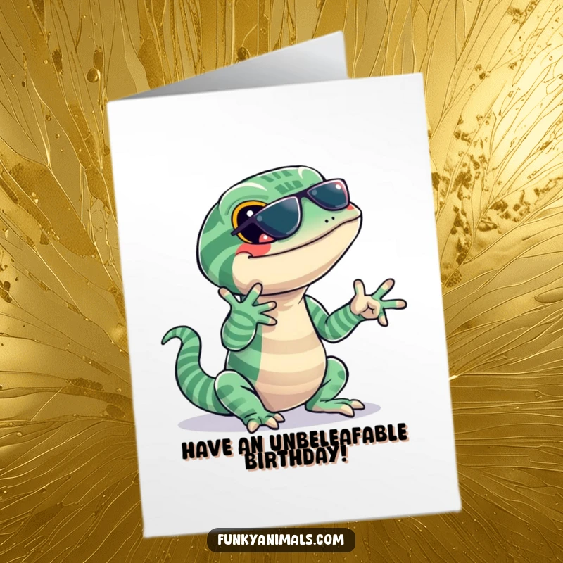 Funny Free Printable Birthday Card: A jazzy lizard with vibrant stripes snaps its fingers, grooving to an unseen beat.