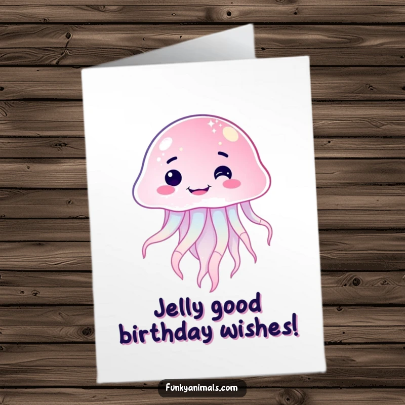 Funny Free Printable Birthday Card: Sparkling jellyfish with a goofy lopsided grin, floating cheerfully, perfect for a fun greeting.