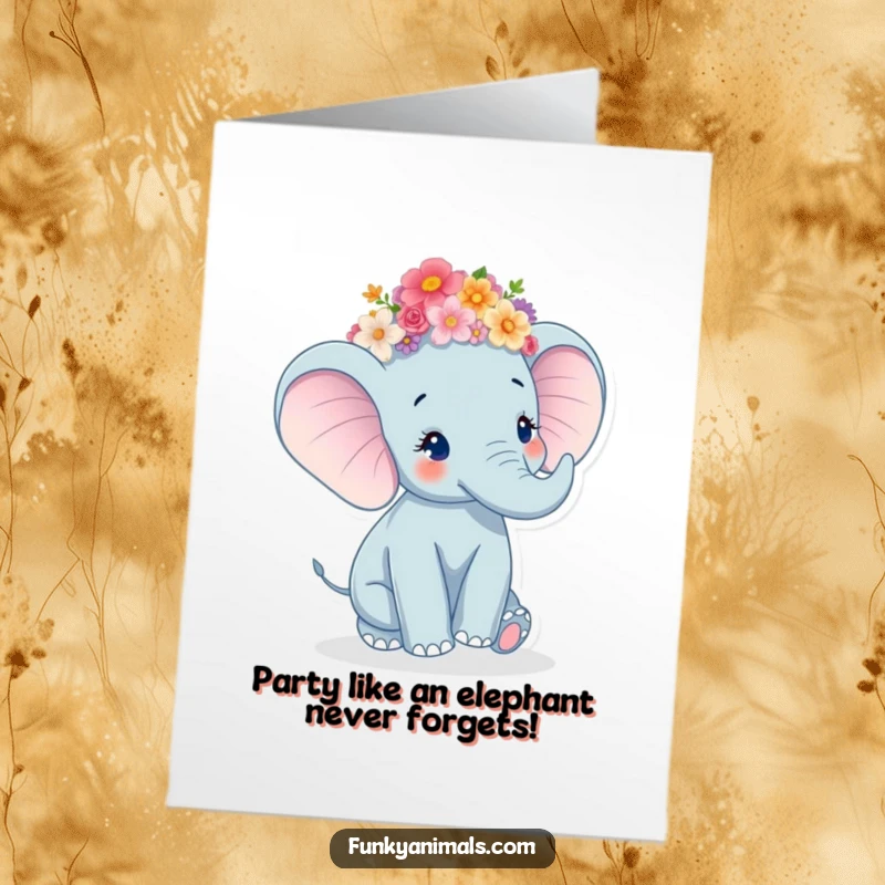 Funny Free Printable Birthday Card: A happy elephant adorned with a vibrant flower crown, joyfully twirling with delight.