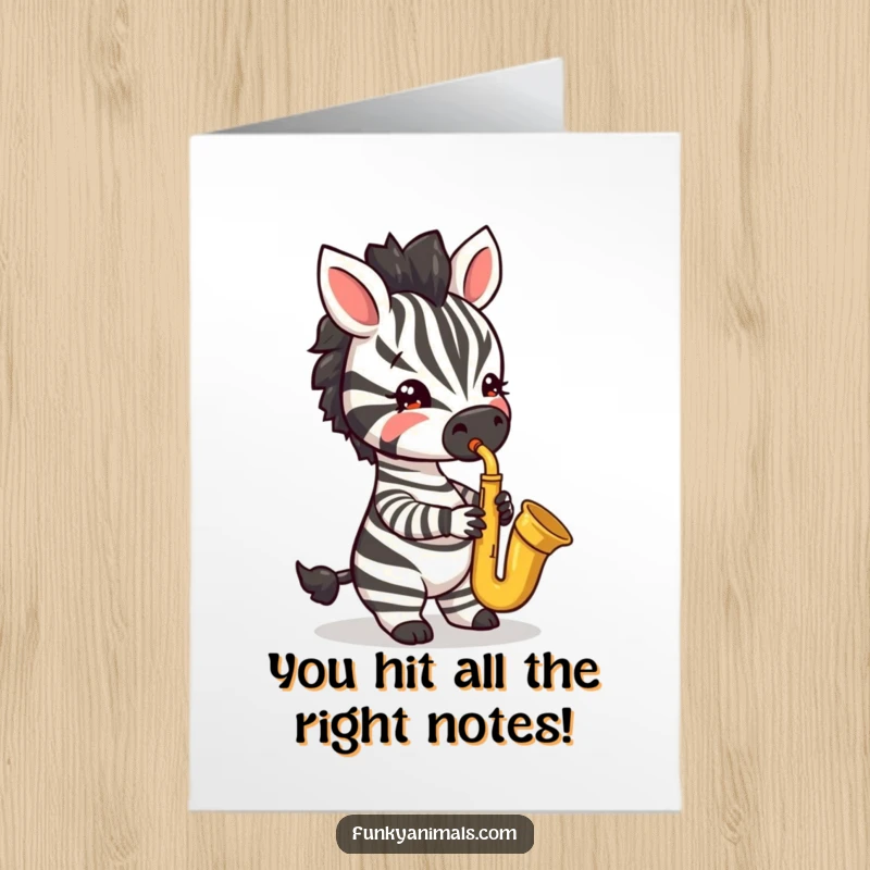 Funny Free Printable Congratulations Card: A jazzy zebra cub plays the saxophone with flair, celebrating a successful performance.