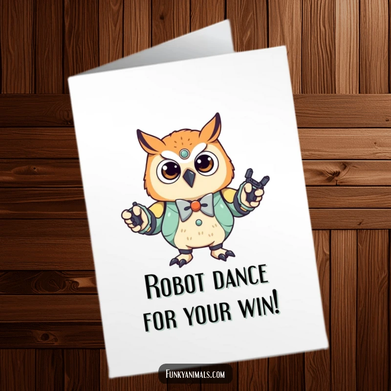 Funny Free Printable Owl Congratulations Card: A dapper owl cub in a bowtie performing a robotic dance move.