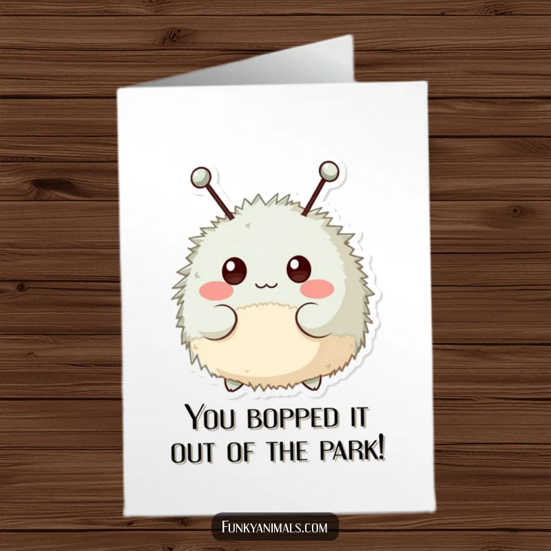 Funny Free Printable Congratulations Card: Round fuzzy creature with antennae rhythmically bopping to celebrate your success.