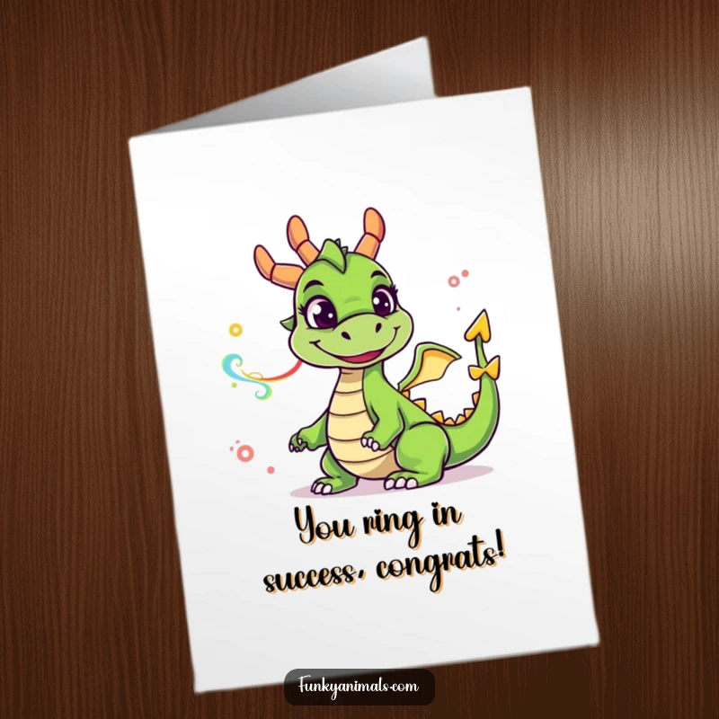 Funny Free Printable Congratulations Card: Goofy green dragon exhaling colorful smoke rings, a unique downloadable greeting.