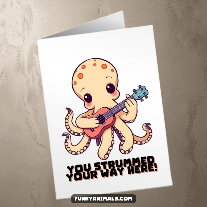 Funny Free Printable Congrats Card: Groovy octopus playing a tiny ukulele, strumming a celebratory tune.