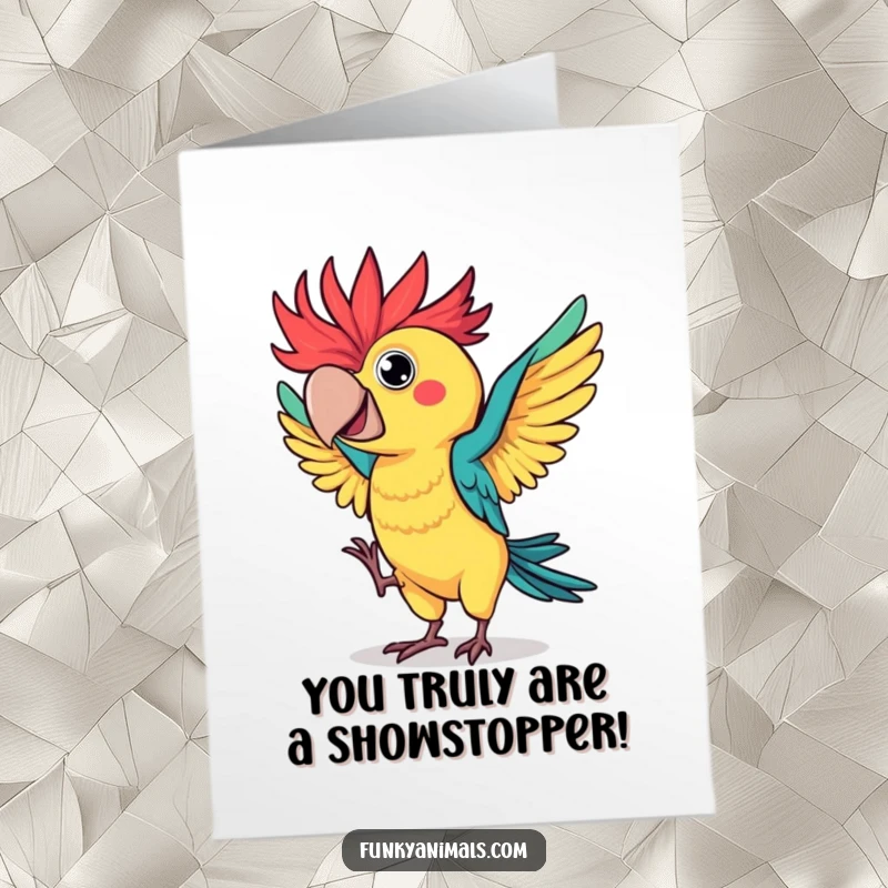 Funny Free Printable Congratulations Card: A flamboyant parrot with wild, spiky hair performing a joyous celebratory dance.