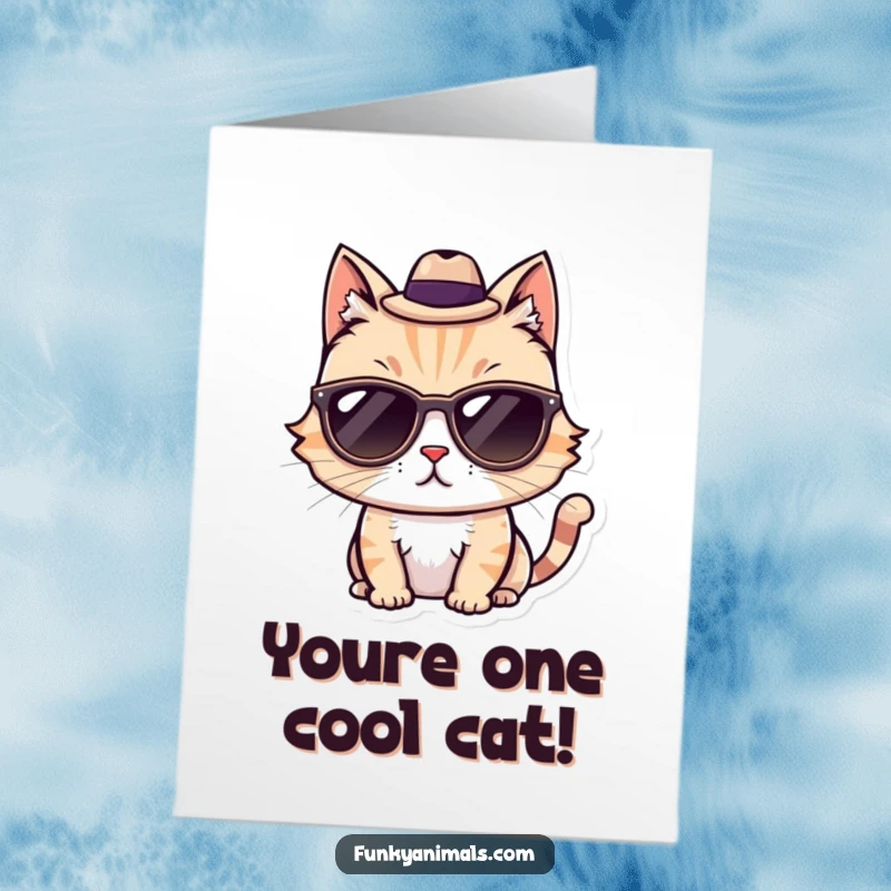 Funny Free Printable Congratulations Card: A suave cat wearing sunglasses and a fedora, giving a cool nod of approval.