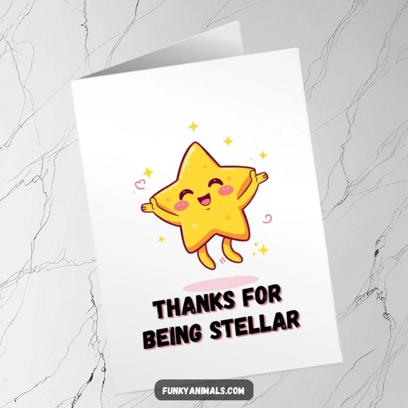 Funny Free Printable Thank You Card with a bright yellow star character joyfully dancing and swirling its arms.