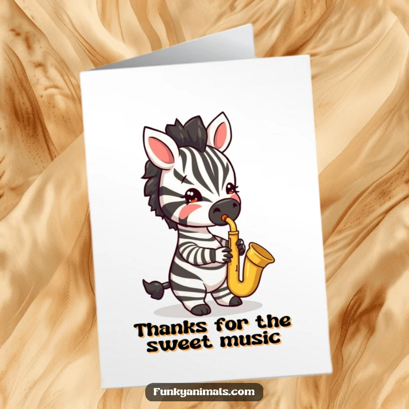 Funny Free Printable Thank You Card: A jazzy zebra cub plays a saxophone with passion, conveying thanks musically.