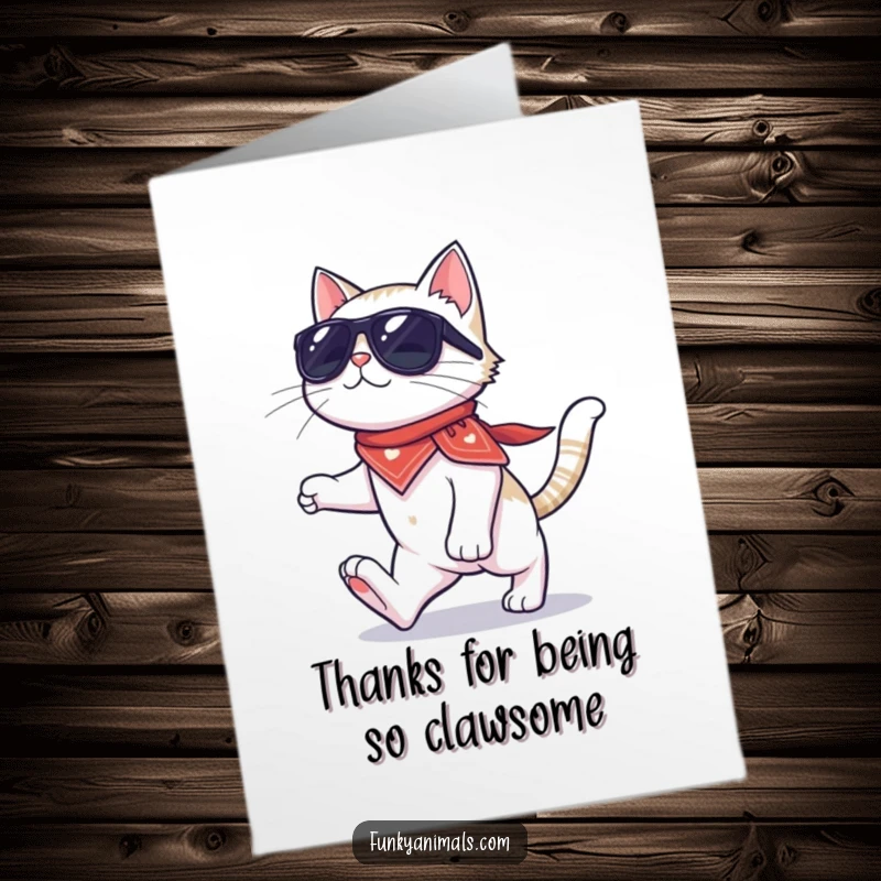 Funny Free Printable Thank You Card: A cool cat in sunglasses and bandana moonwalking on four paws to express thanks.
