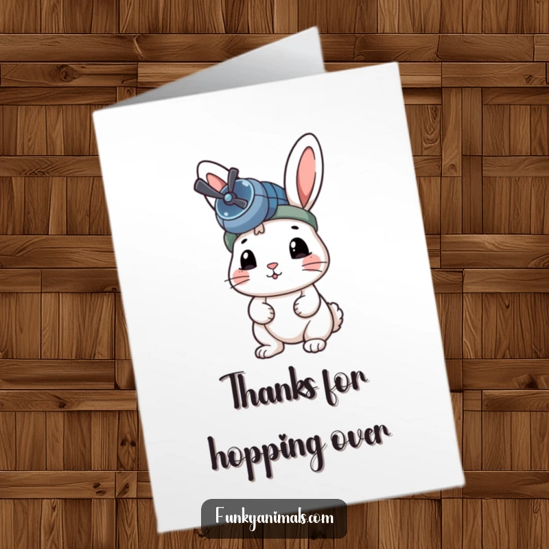 Funny Free Printable Thank You Card: A rabbit with a propeller beanie, looking ready to zoom off, expressing thanks.