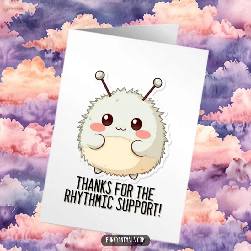 Funny Free Printable Thank You Card: Fuzzy, round creature with antennae bopping enthusiastically to say thanks.