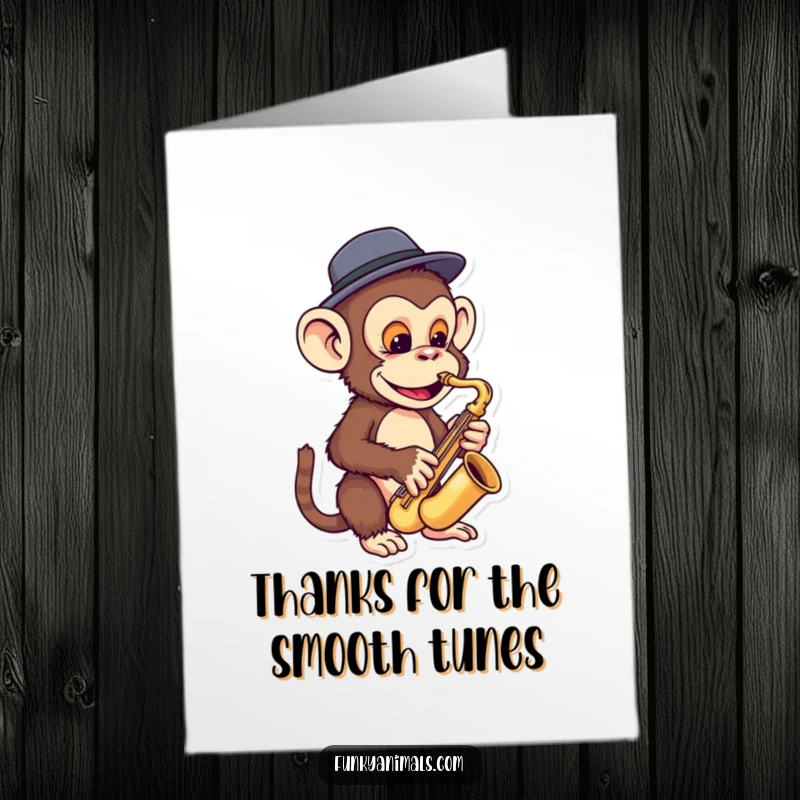 Funny Free Printable Thank You Card: A funky monkey in a fedora playing a miniature saxophone to say thank you.