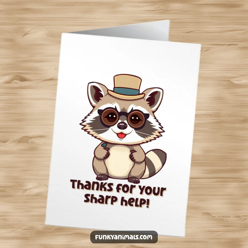 Funny Free Printable Thank You Card: Mischievous raccoon in a top hat and monocle, politely thanking someone. A charming downloadable greeting.