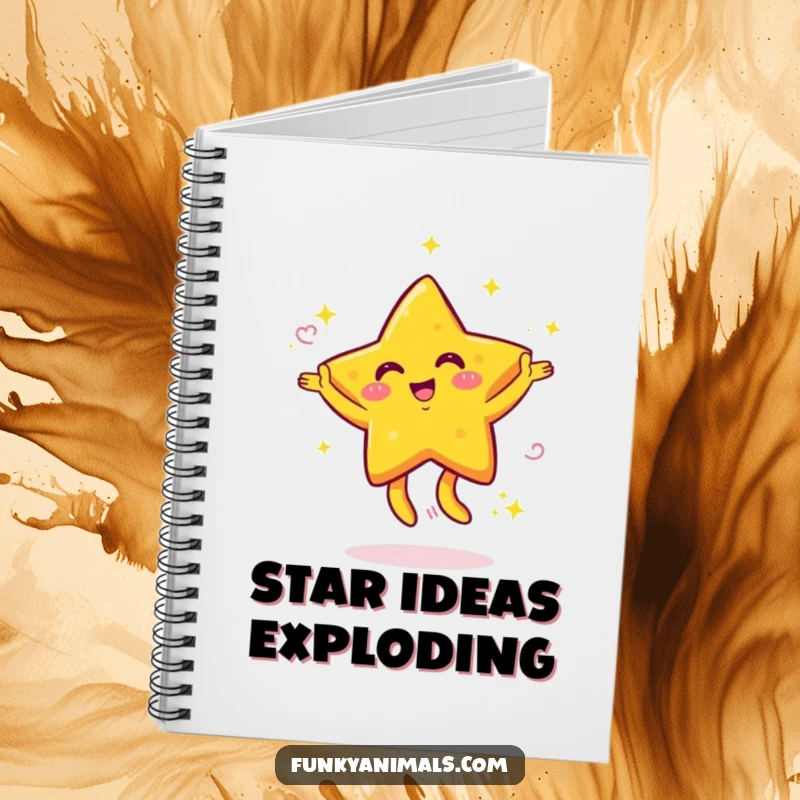 Funny notebook with a bright yellow star character with swirling arms dancing energetically, ideal for note-taking with a stellar touch.