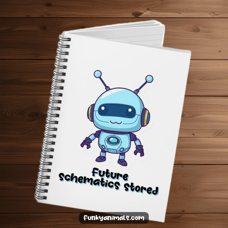 Funny blue robot notebook with a mischievous robot and wobbly antennas, ideal for jotting down notes with a techy twist.
