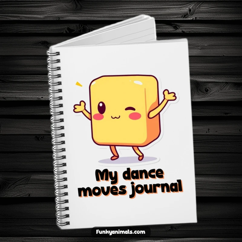 Funny notebook cover illustration of a colorful square block character in a lively shimmy dance.