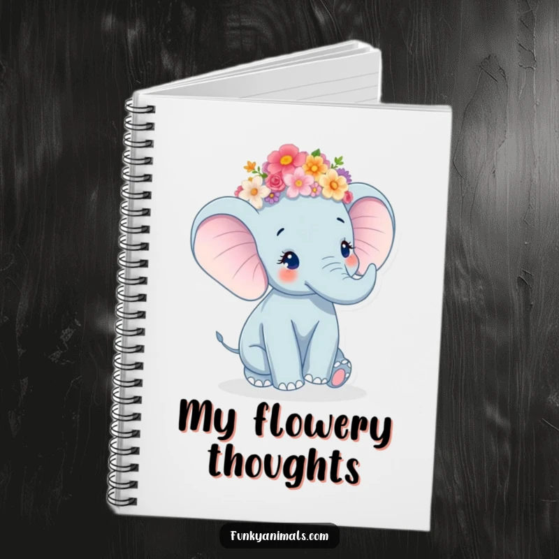 Funny Elephant Notebook with a joyful elephant in a flower crown, captured mid-twirl, ready for notes.