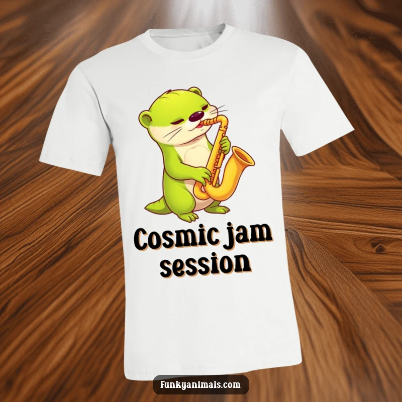 Funny alien otter t-shirt featuring a lime green alien otter playing a funky saxophone, radiating cosmic jazz energy.